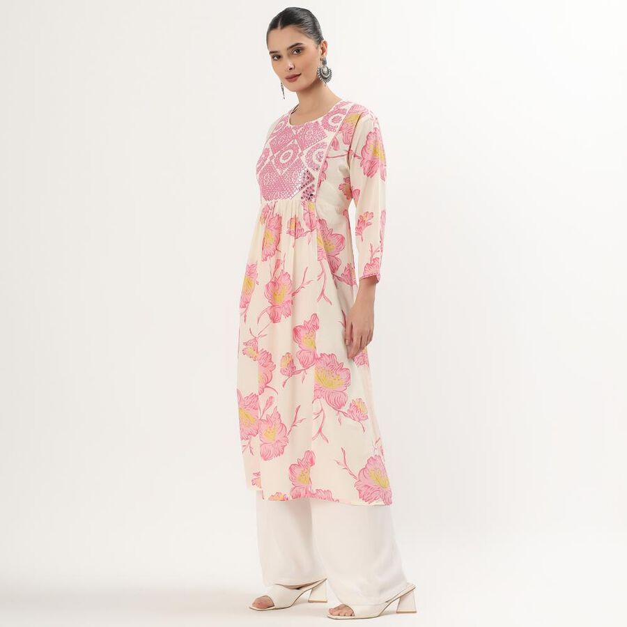 Women's Light Pink Cotton Round Neck Mirror Work Floral Printed Kurti, हल्का गुलाबी, large image number null