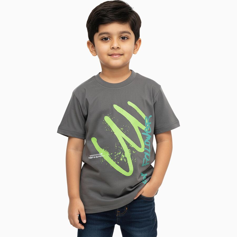 Boys' Dark Olive Green Cotton Round Neck Graphic Printed T-Shirt, Olive, large
