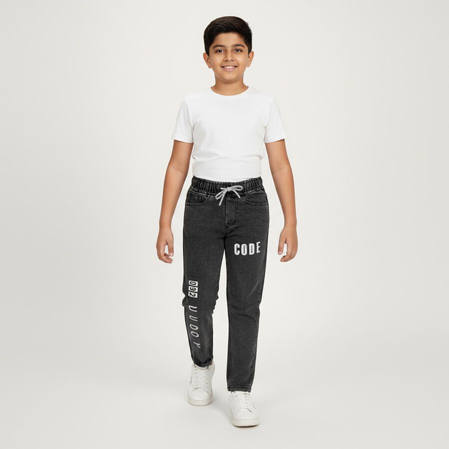 Boys' Charcoal Black Slim Fit Printed Jogger Jeans, हल्का ग्रे, large image number null