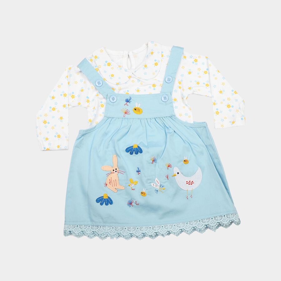 Infants' Light Blue Fit and Flare Embroidered Pinafore Frock, हल्का नीला, large