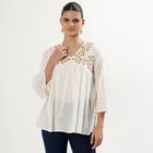 Women's Ivory White Cotton V-Neck Embroidered Kurti, ऑफ व्हाइट, small image number null