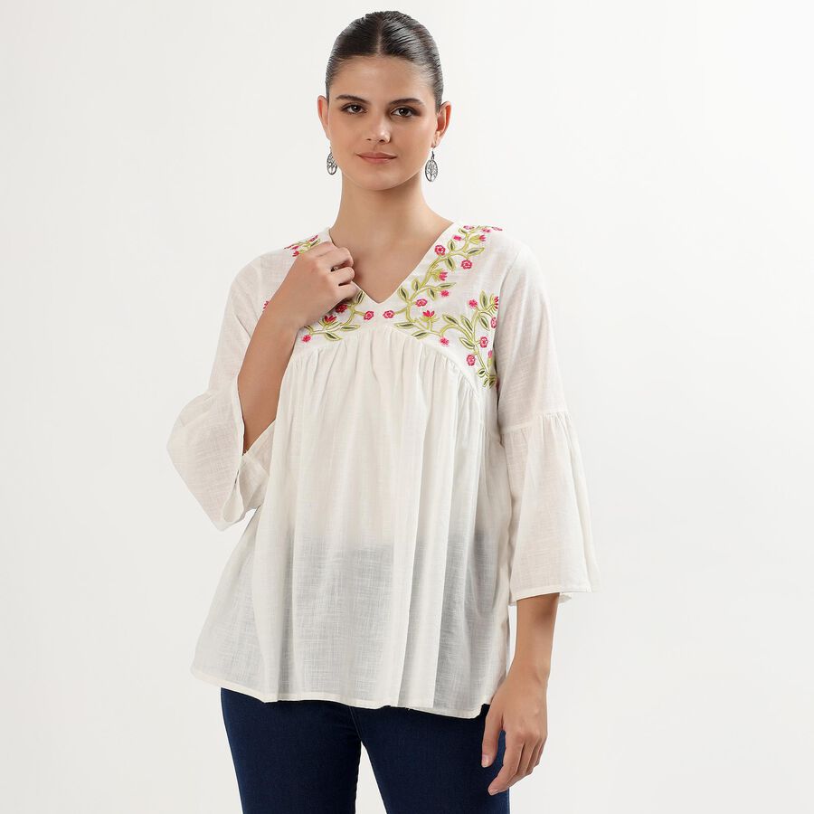 Women's Ivory White Cotton V-Neck Embroidered Kurti, ऑफ व्हाइट, large image number null