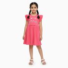 Girls' Bright Coral Pink Ruffle Sleeve Bow Detail Frock, Pink, small