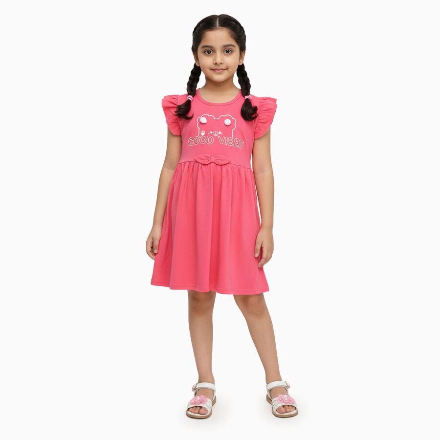 Girls' Bright Coral Pink Ruffle Sleeve Bow Detail Frock, Pink, large