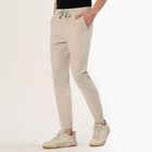 Men's Light Beige Slim Fit Elastic Waist Casual Trousers, Silver, small