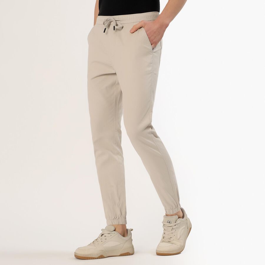 Men's Light Beige Slim Fit Elastic Waist Casual Trousers, Silver, large