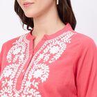 Women's Coral Cotton Notch Neck Floral Printed Kurti, Coral, small