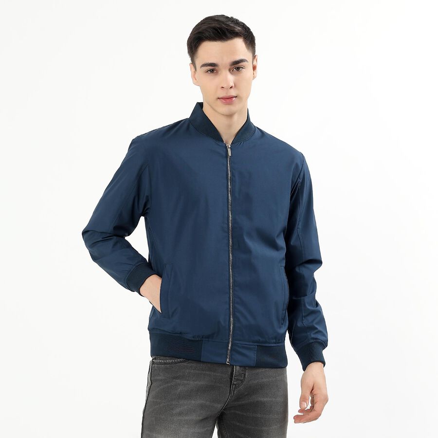 Men's Midnight Blue Baseball Collar Bomber Jacket, मध्यम नीला, large image number null