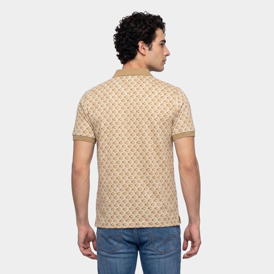 Men's Beige Cotton Polo Neck Printed T-Shirt, Beige, large