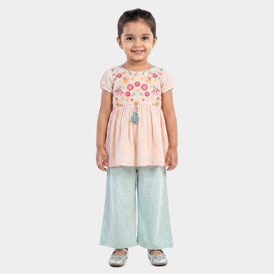 Girls Light Pink Round Neck Fusion Set Upper and Bottom Set