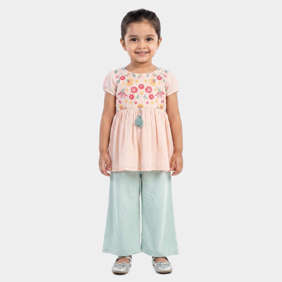 Girls Light Pink Round Neck Fusion Set Upper and Bottom Set, Light Pink, large