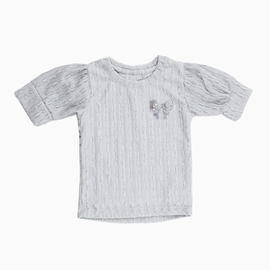 Girls Light Grey Round Neck Puff Sleeve T-Shirt, Light Blue, large