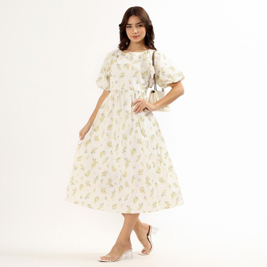 Women's Soft Ivory White Cotton Round Neck Bohemian Dress, Off White, large image number null