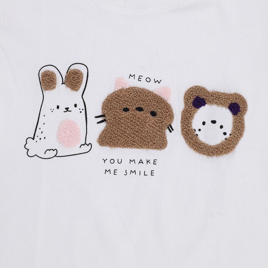 Girls Snow White Cotton Round Neck Casual T-Shirt, White, large image number null