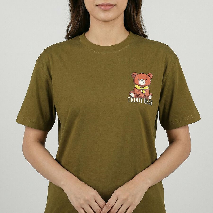 Women's Olive Green Cotton Round Neck Casual T-Shirt, Olive, large