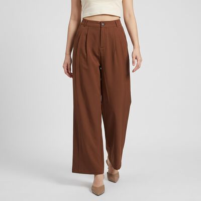 Women Brown Wide Leg Pleated Trousers