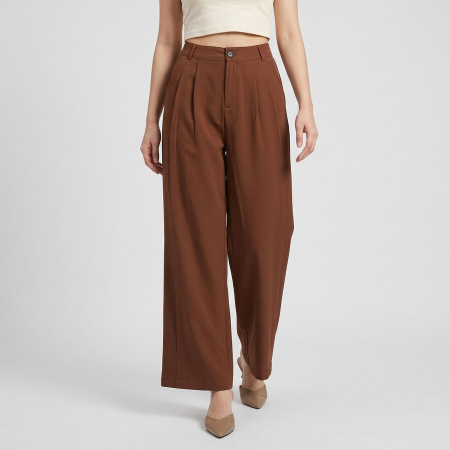 Women Brown Wide Leg Pleated Trousers, Brown, large