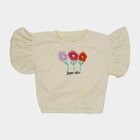Girls Beige Round Neck Ruffle Sleeve Graphic T-Shirt, Beige, small