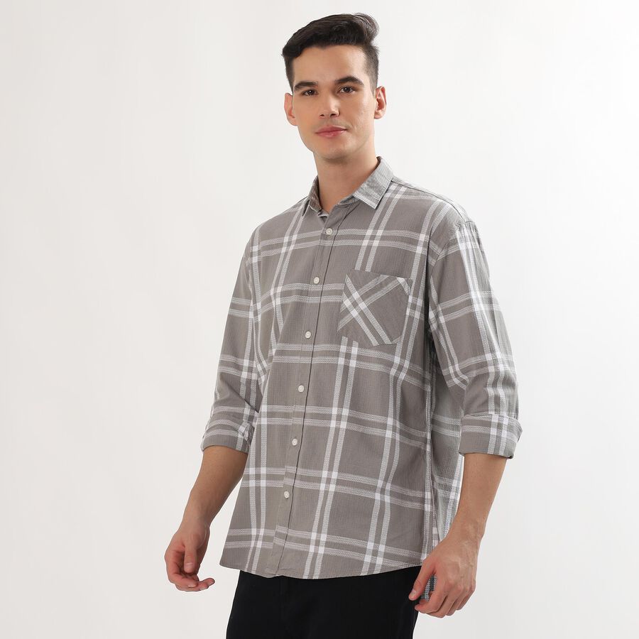 Men's Light Grey Cotton Button-Down Casual Shirt, Light Grey, large image number null