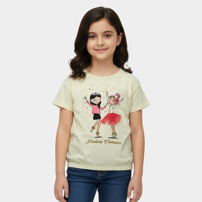 Girls Yellow Cotton Round Neck Casual T-Shirt