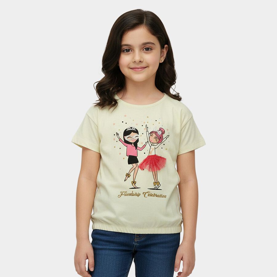 Girls Yellow Cotton Round Neck Casual T-Shirt, पीला, large