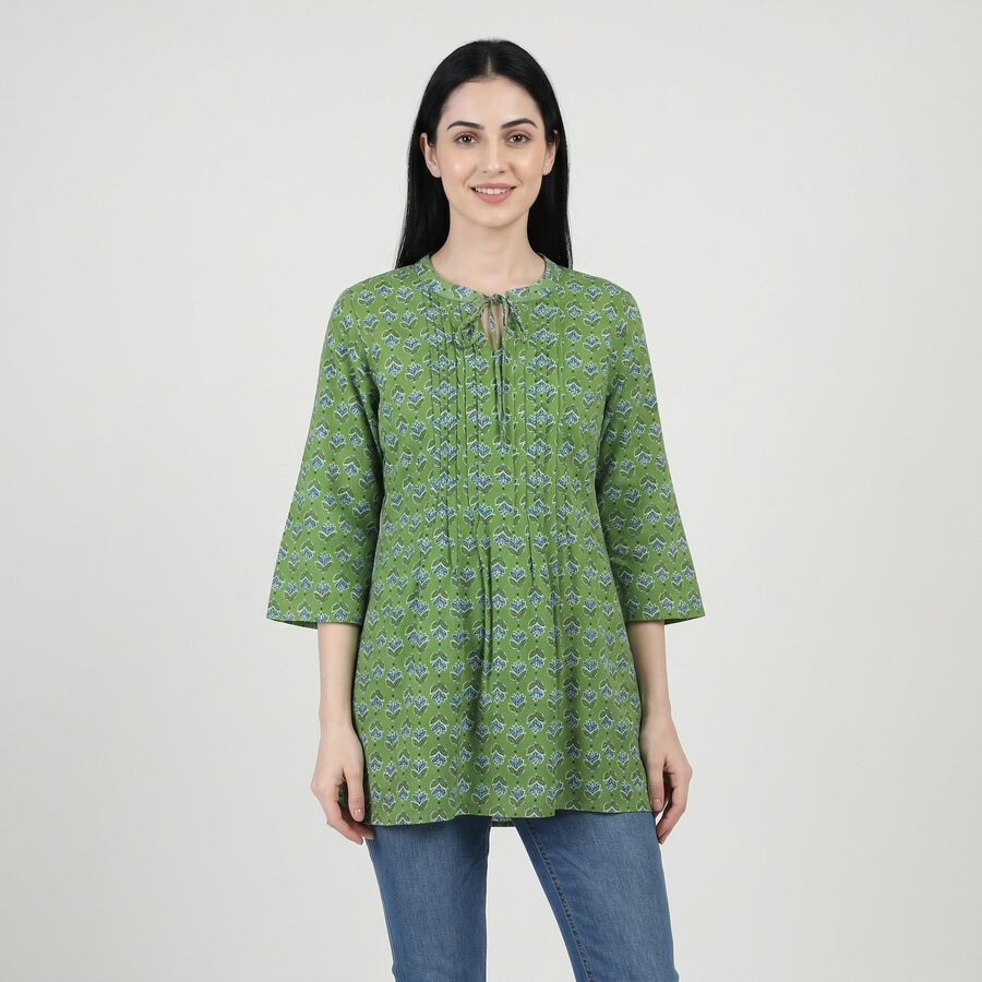 Women's Green Round Neck Printed A-Line Kurti, Light Green, large