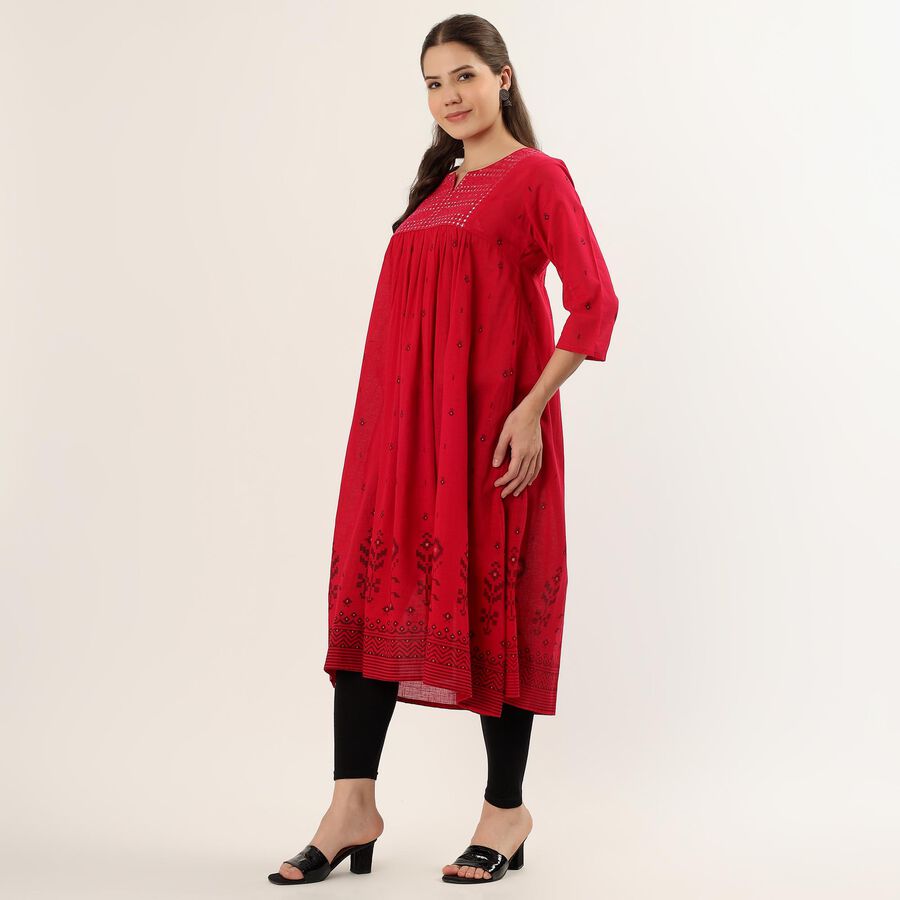 Women's Fuchsia Cotton Notch Neck Floral Printed Kurta, Fuchsia, large