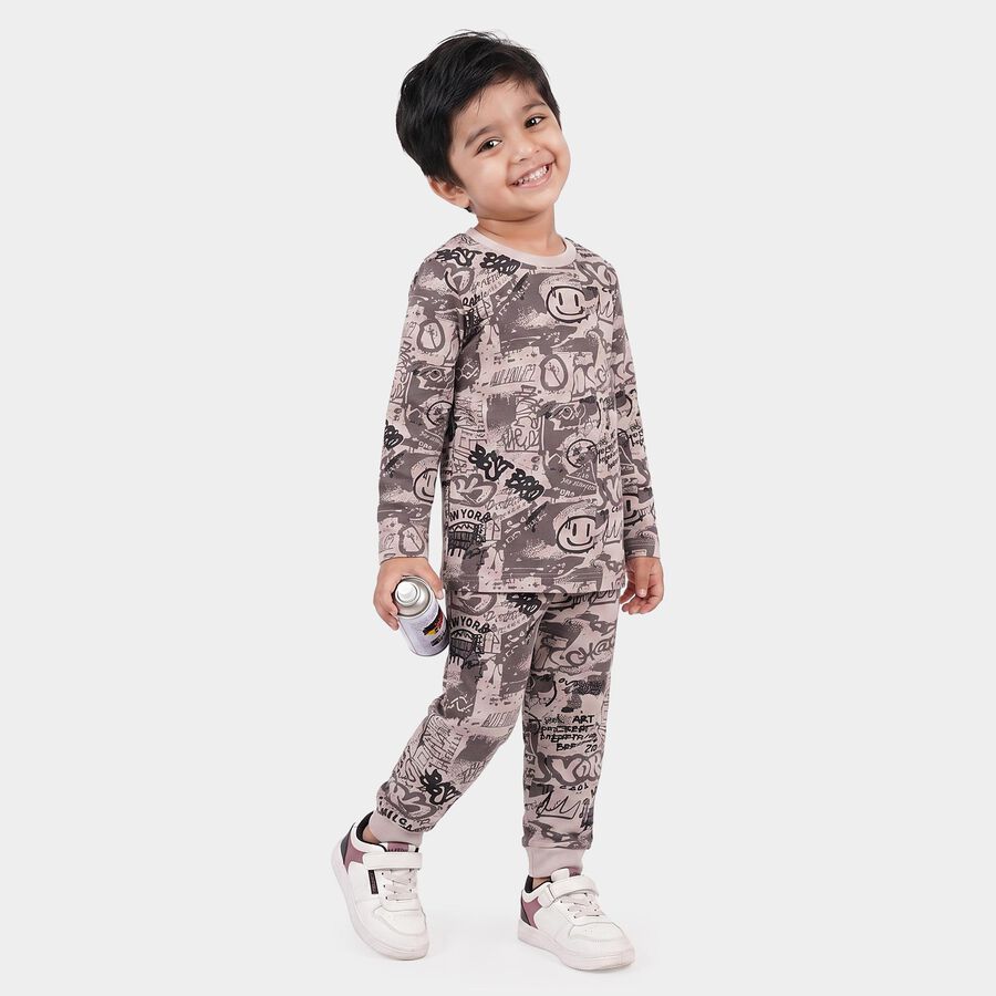Boys Charcoal Cotton Round Neck Graphic Print Baba Suit, Charcoal, large
