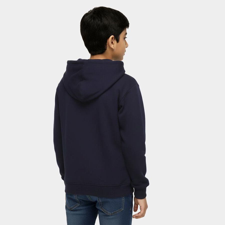 Boys Deep Midnight Navy Blue Hoodie Neck Graphic Sweatshirt, Navy Blue, large image number null