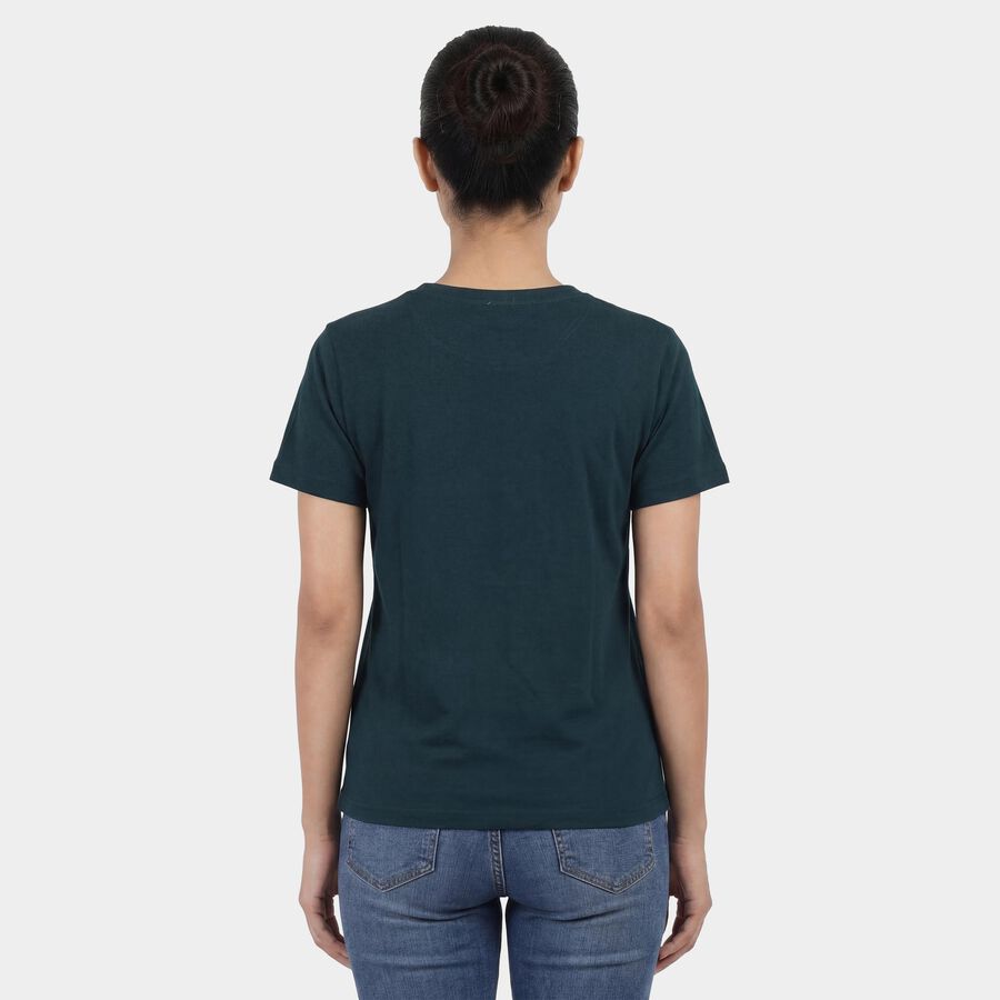 Women's Dark Green Round Neck Casual T-Shirt, Dark Green, large