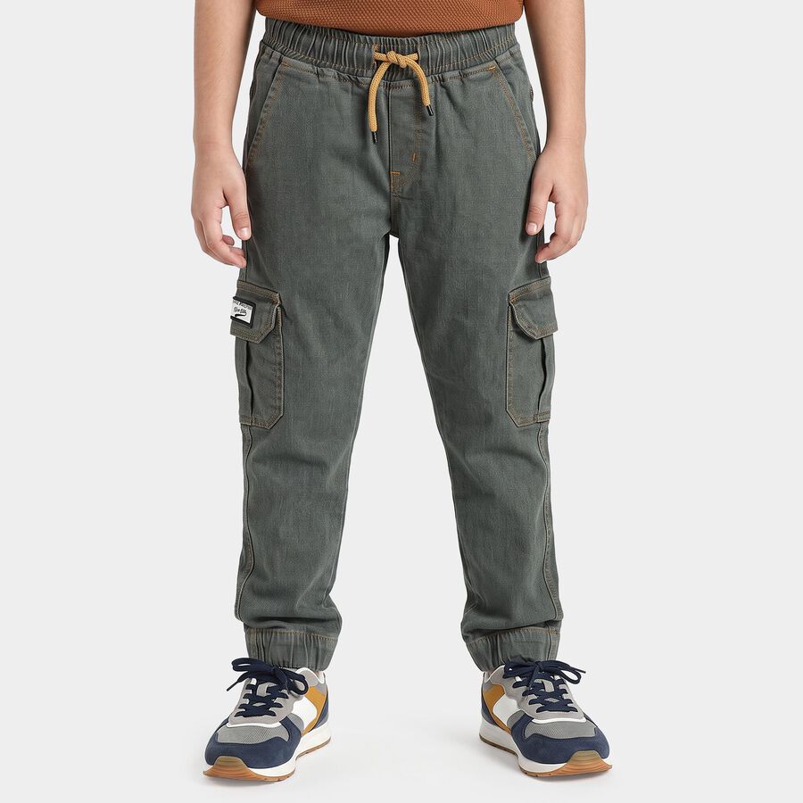 Boys' Olive Green Relaxed Fit Cargo Jeans, ओलिव, large