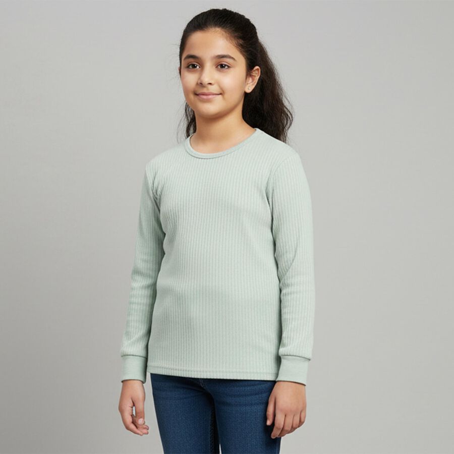 Girls Light Sage Green Round Neck Thermal, Light Green, large image number null