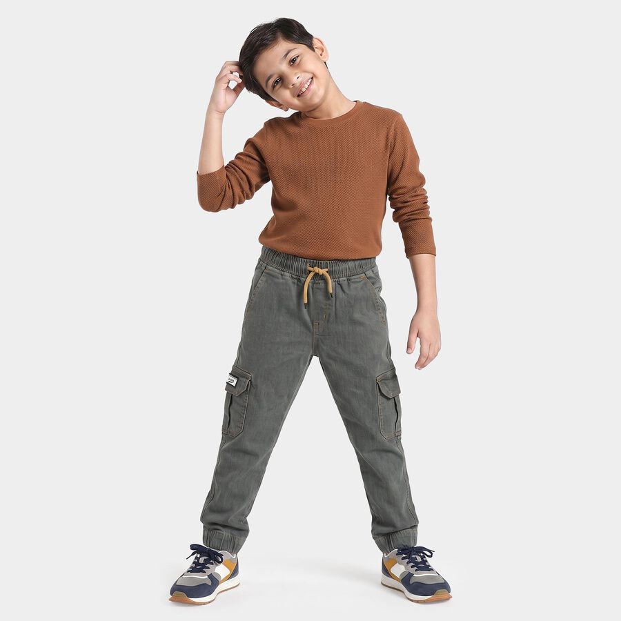 Boys' Olive Green Relaxed Fit Cargo Jeans, ओलिव, large