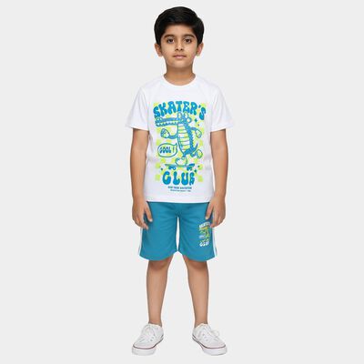 Boys White 100% Cotton Round Neck Skater's Club Graphic Printed Baba Suit