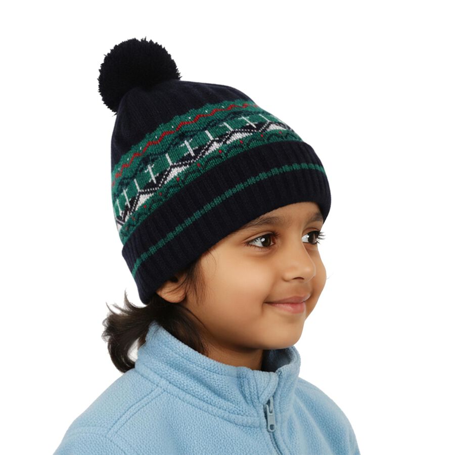 Boys' Dark Navy Blue Knitted Pom-Pom Winter Cap, Navy Blue, large image number null