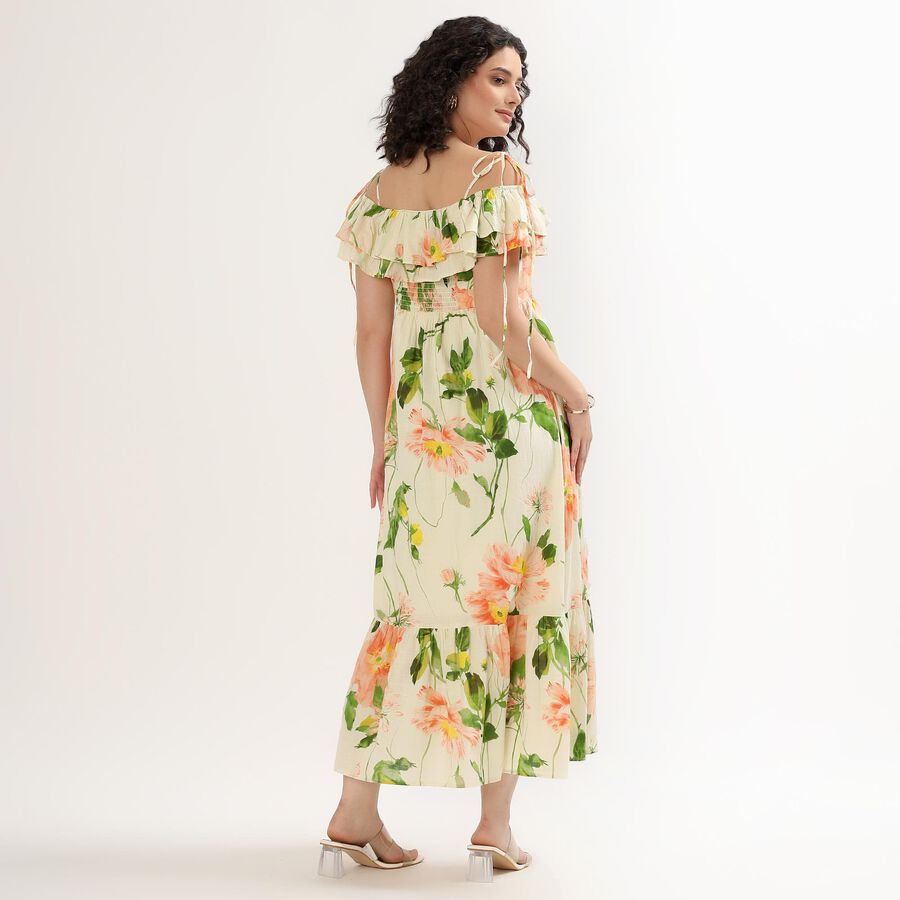 Women's Cream Cotton Off-Shoulder Floral Maxi Dress, Off White, large