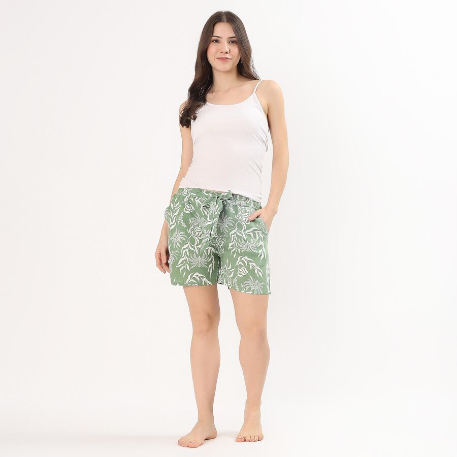 Women's Muted Sage Green Floral Printed Elastic Waist Shorts, Light Green, large