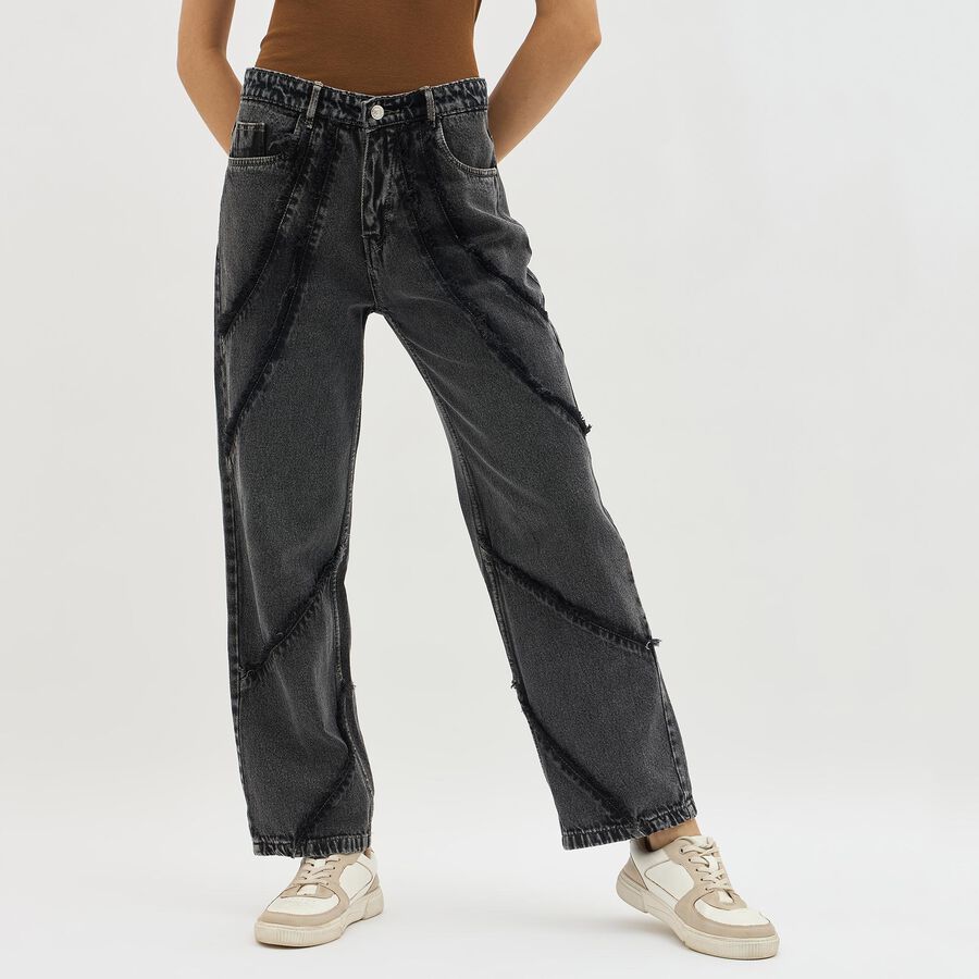 Women's Washed Black High-Rise Straight Fit Distressed Jeans, गहरा ग्रे, large image number null