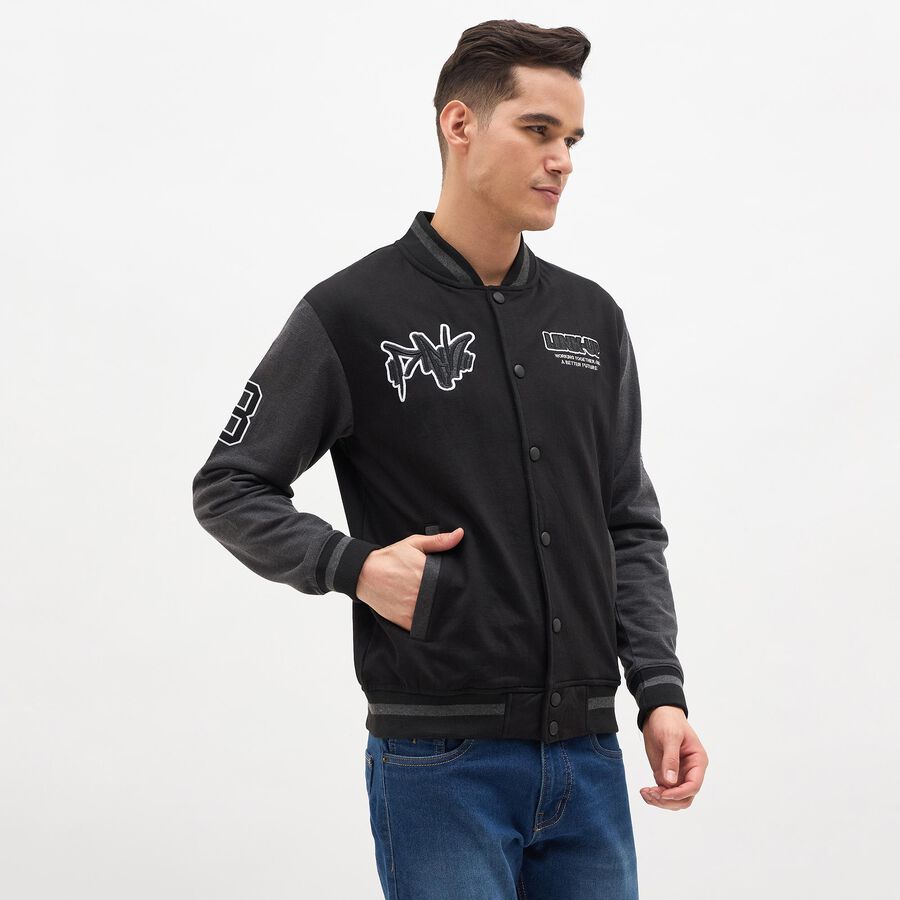 Men's Jet Black Varsity Neck Streetwear Sweatshirt, काला, large image number null