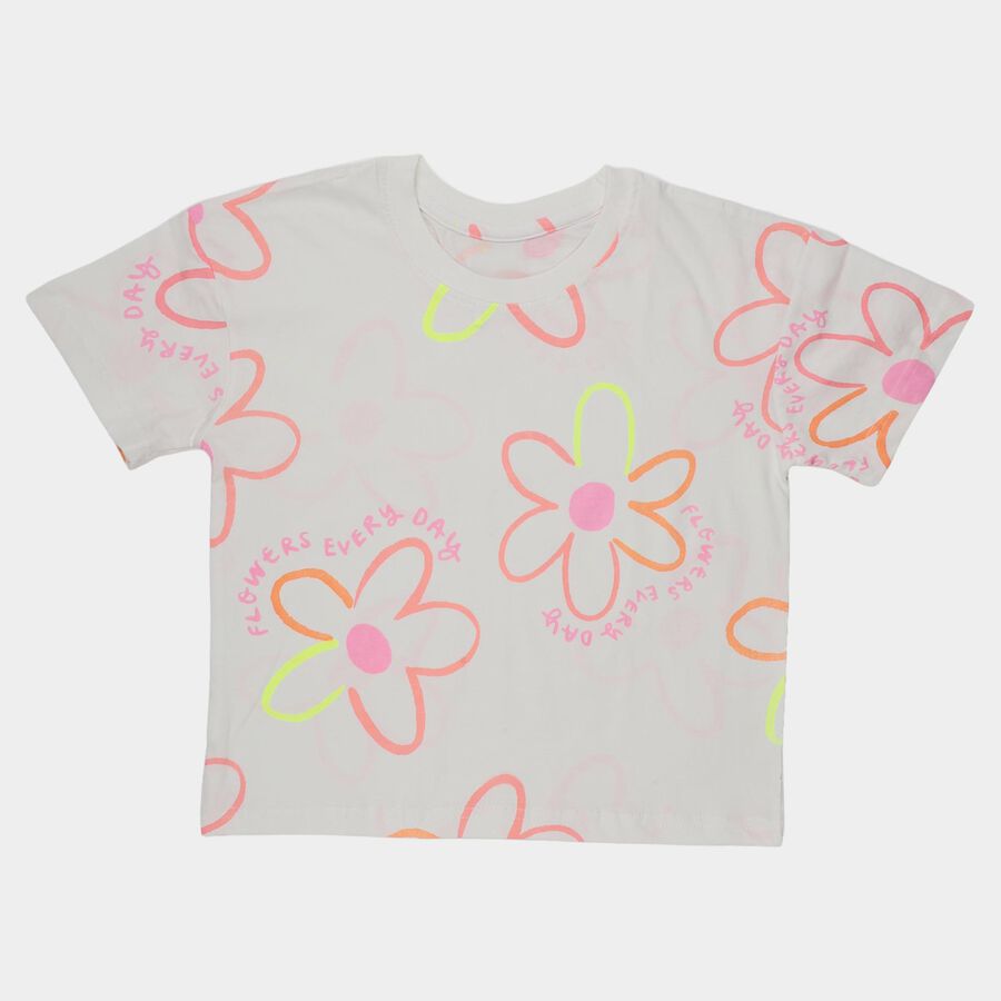 Girls White Cotton Round Neck Casual T-Shirt, White, large