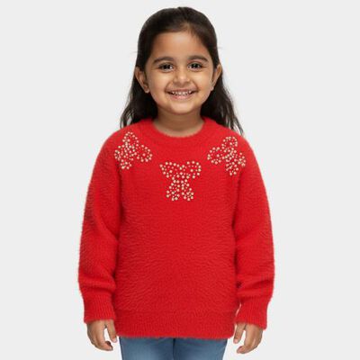 Girls Bright Cherry Red Crew Neck Casual Pullover