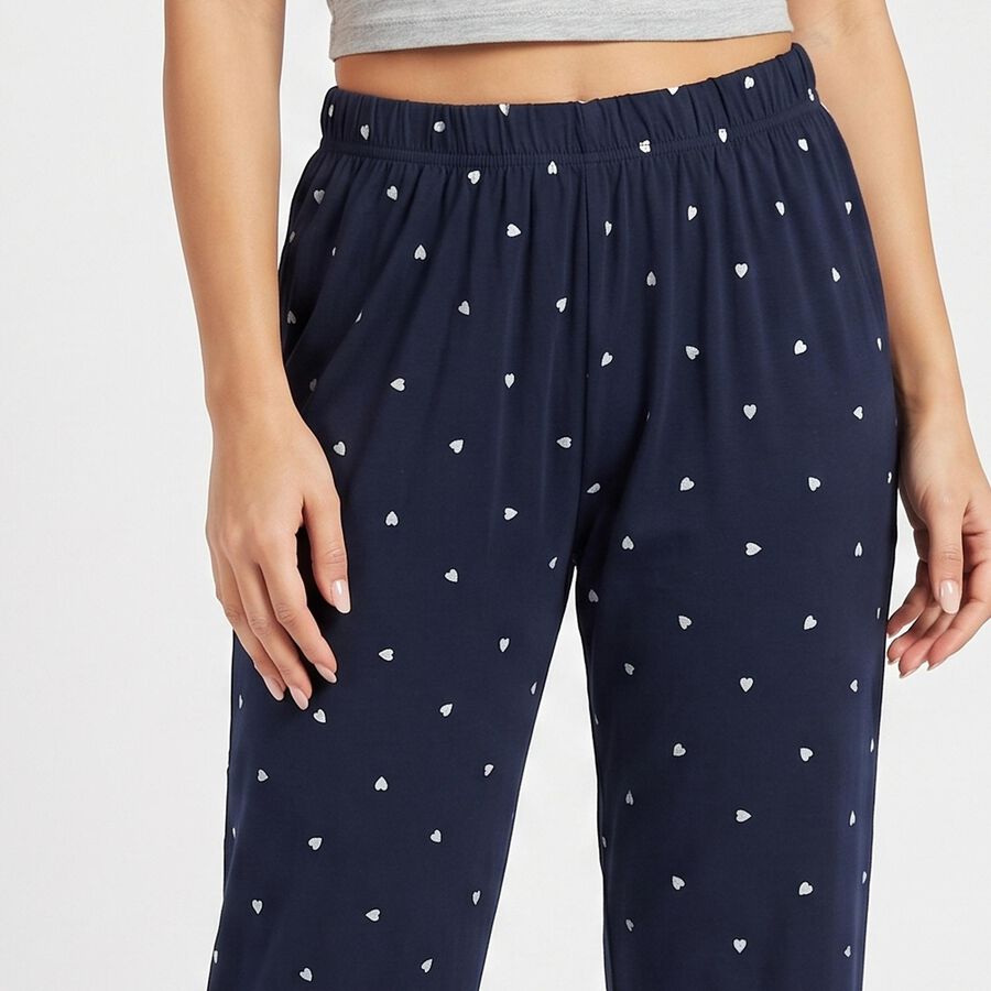 Women's Navy Blue Straight Fit Heart Printed Pyjama, Navy Blue, large