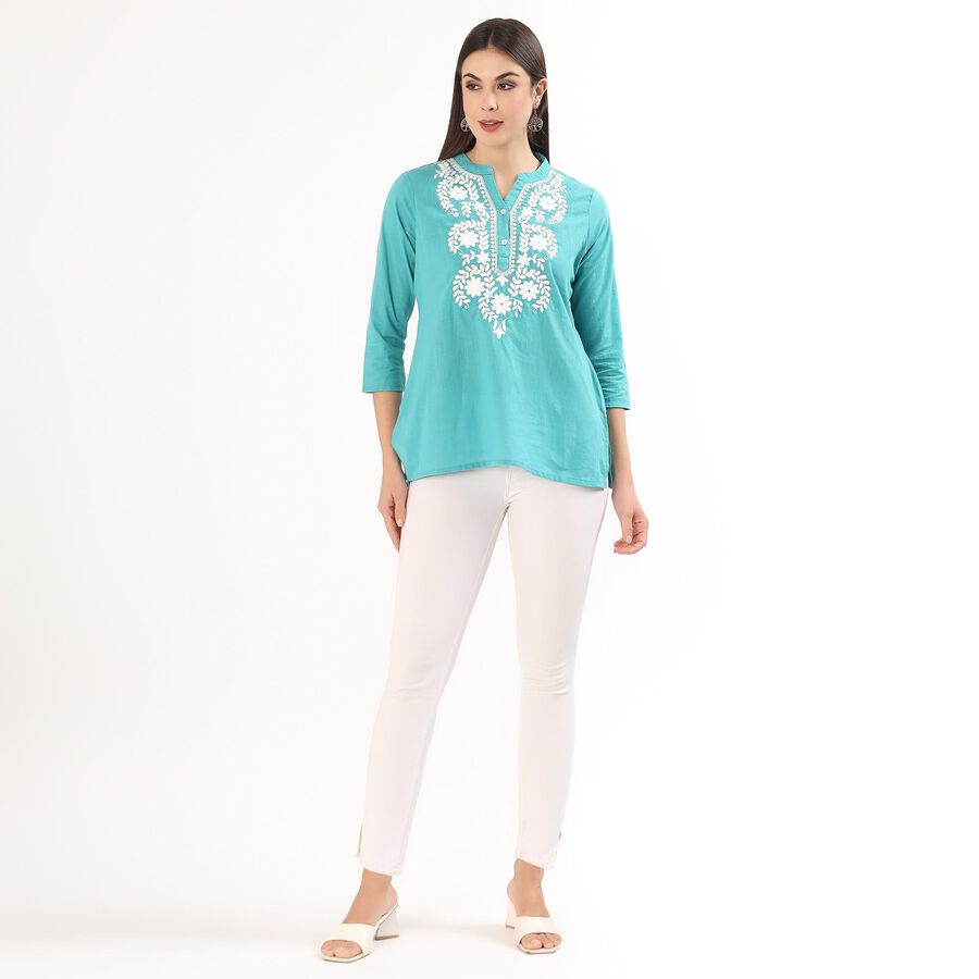 Women's Light Blue Cotton Round Neck Straight Kurti, Light Blue, large
