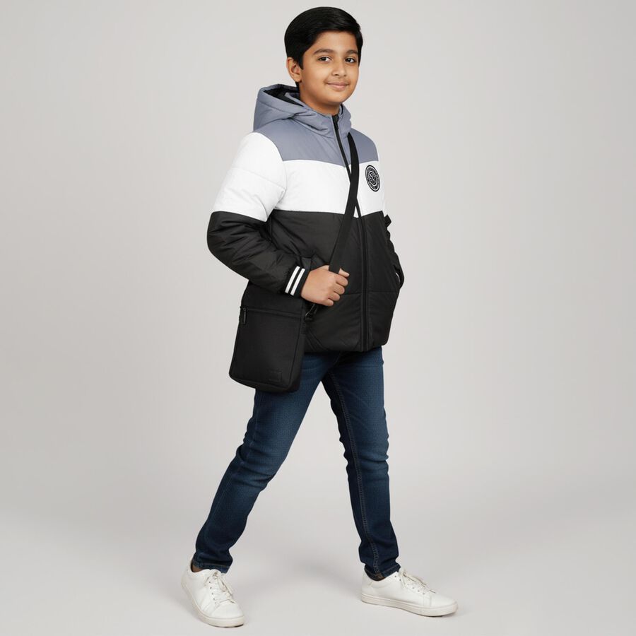 Boys Black and Grey Hooded Puffer Jacket, Light Blue, large image number null