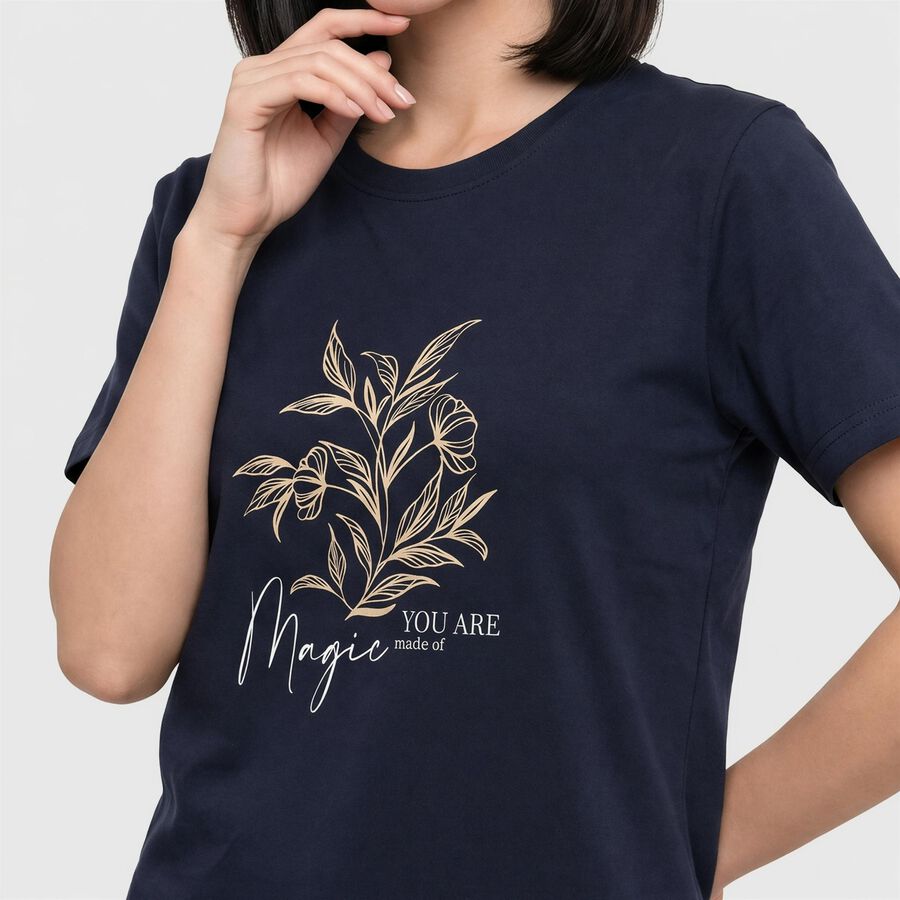 Women's Navy Blue Round Neck Regular T-Shirt, नेवी ब्लू, large