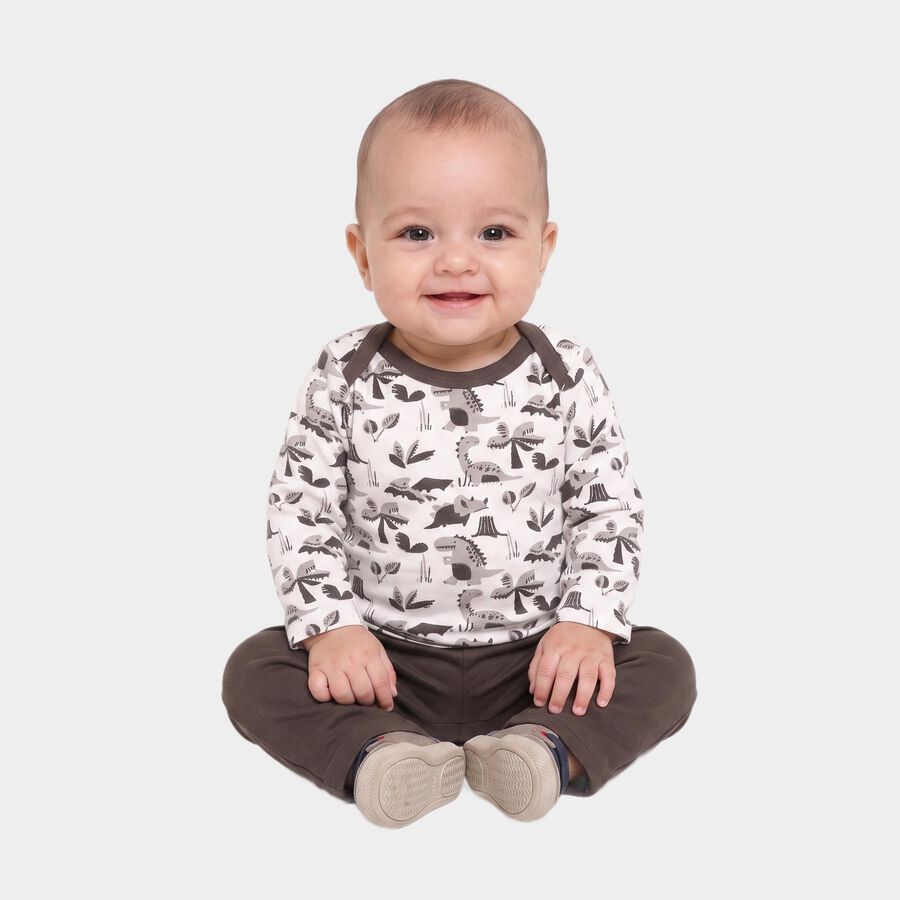 Infants' Charcoal 100% Cotton Round Neck Dinosaur Printed Baba Suit, चारकोल, large