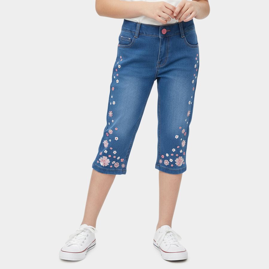 Girls Blue Regular Fit Solid Capri, मध्यम नीला, large