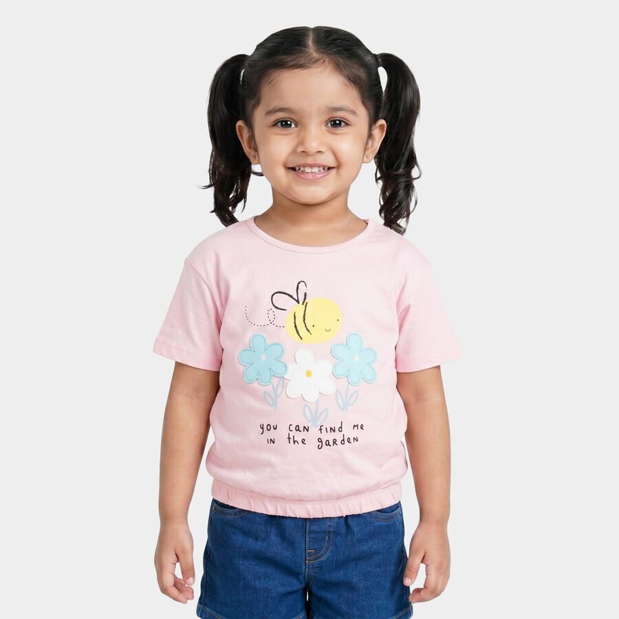 Girls Pink Cotton Round Neck Regular T-Shirt, Light Pink, large