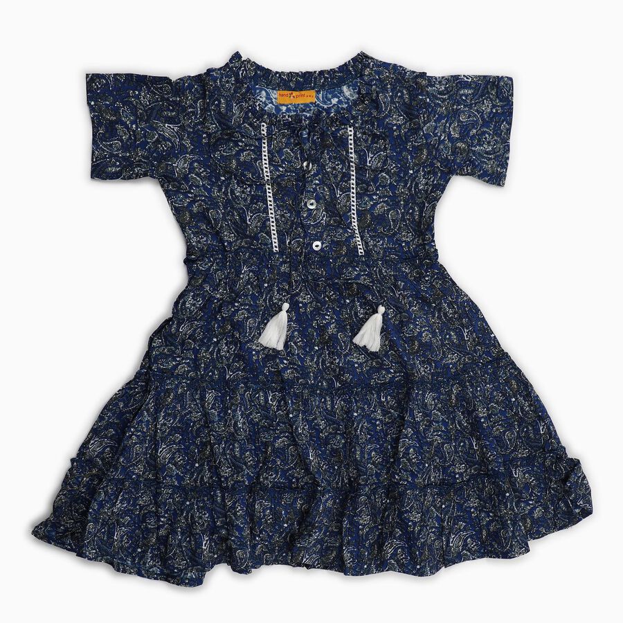 Girls Navy Blue Round Neck Bohemian Dress, Mid Blue, large image number null