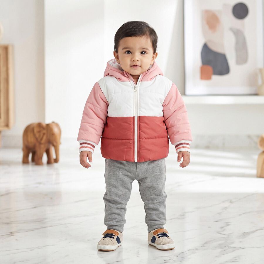 Infants Pink Hooded Puffer Jacket, हल्का गुलाबी, large
